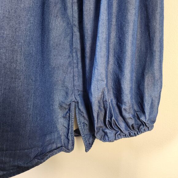 Massimo Dutti Womens Top Size 4 Embroidered Blue Chambray Peasant Balloon Sleeve - Picture 6 of 12